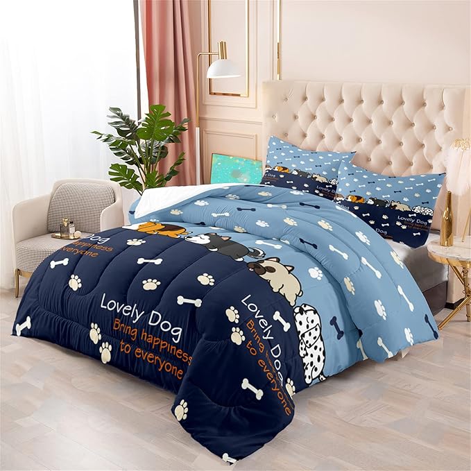 Bedding Set, 3Pcs Cartoon Dog Comforter Set for Boys, Queen Size, Lovely Puppy Patterns, Fun Animal Lover Quilt with 2 Pillowcases - LeafyLoom