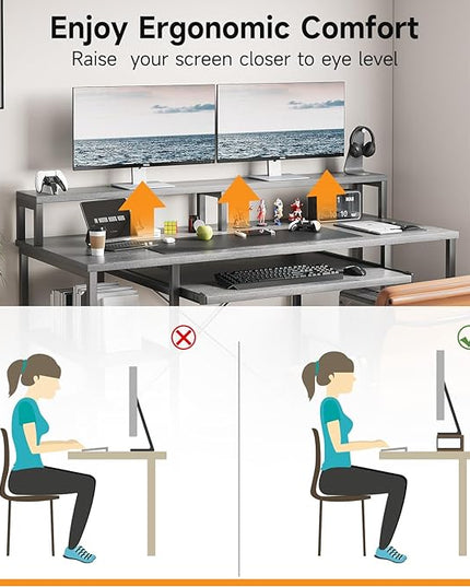 VERMESS Computer Desk- 48 Inch Home Office Desk with Keyboard Tray, 47" Gaming Desk with Full Monitor Stand & Storage Shelves & CPU Stand, Modern Study Writing Table with Shelf for Storage, Gray Oak - LeafyLoom