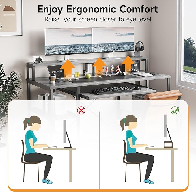 VERMESS Computer Desk- 48 Inch Home Office Desk with Keyboard Tray, 47" Gaming Desk with Full Monitor Stand & Storage Shelves & CPU Stand, Modern Study Writing Table with Shelf for Storage, Gray Oak - LeafyLoom