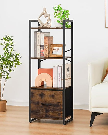 Yoobure Bookshelf, 4 Tier Book Shelf with Drawer, Small Bookcase Narrow Book Case, Industrial Bookshelves Shelf for Bedroom Living Room Office, Book Storage Organizer for CD/Movie Rustic Brown - LeafyLoom