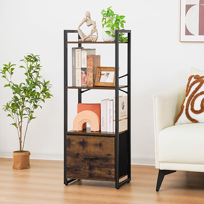 Yoobure Bookshelf, 4 Tier Book Shelf with Drawer, Small Bookcase Narrow Book Case, Industrial Bookshelves Shelf for Bedroom Living Room Office, Book Storage Organizer for CD/Movie Rustic Brown - LeafyLoom
