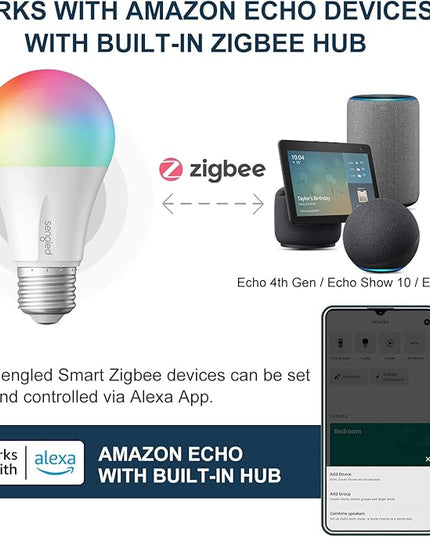 Sengled Zigbee Smart Light Bulbs, Smart Hub Required, Works with SmartThings and Echo with Built-in Hub, Voice Control with Alexa and Google Home, Color Changing 60W Eqv. A19 Alexa Light Bulb, 2 Pack Sengled