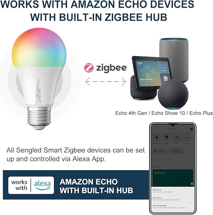 Sengled Zigbee Smart Light Bulbs, Smart Hub Required, Works with SmartThings and Echo with Built-in Hub, Voice Control with Alexa and Google Home, Color Changing 60W Eqv. A19 Alexa Light Bulb, 2 Pack Sengled