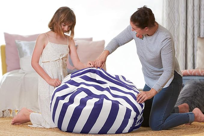 Aubliss Stuffed Animal Bean Bag Storage Chair (Royal Blue/White Striped, Medium (32'')) - LeafyLoom