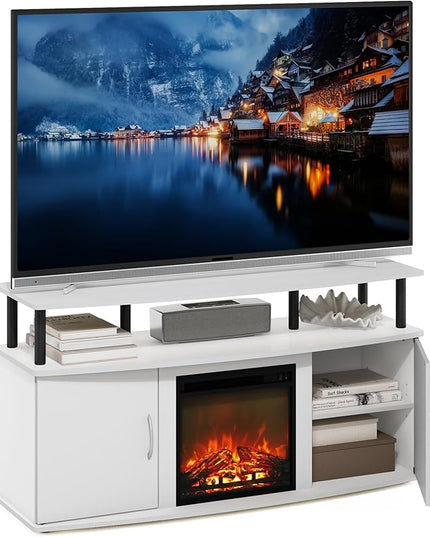 Furinno Jensen Living Room Fireplace TV Entertainment Center with Doors Storage Cabinet for TV up to 55 Inch, Solid White/Black - LeafyLoom
