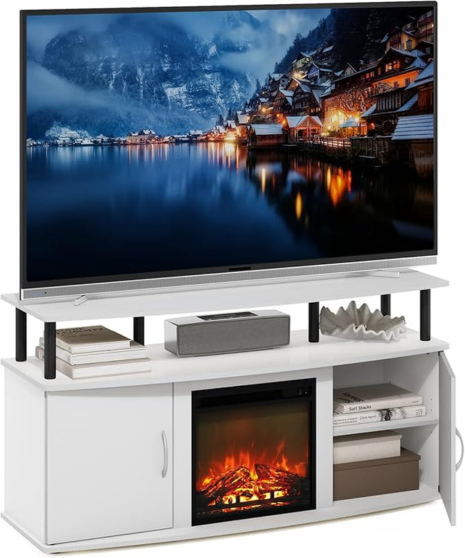 Furinno Jensen Living Room Fireplace TV Entertainment Center with Doors Storage Cabinet for TV up to 55 Inch, Solid White/Black - LeafyLoom
