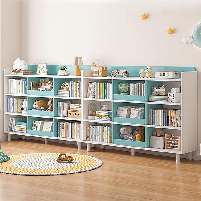 Wooden Cube Bookcase with Legs - 3-Tier Open Shelf Kidsroom Sorted Storage Cabinet Organizer for Books and Toys, 6-Cube Lattice Cute Cubby Bookshelf in White Mixed Westlake Blue, 32" W - LeafyLoom