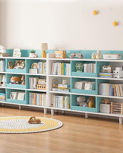 Wooden Cube Bookcase with Legs - 3-Tier Open Shelf Kidsroom Sorted Storage Cabinet Organizer for Books and Toys, 5-Cube Lattice Cute Cubby Bookshelf in White Mixed Westlake Blue, 24" W - LeafyLoom