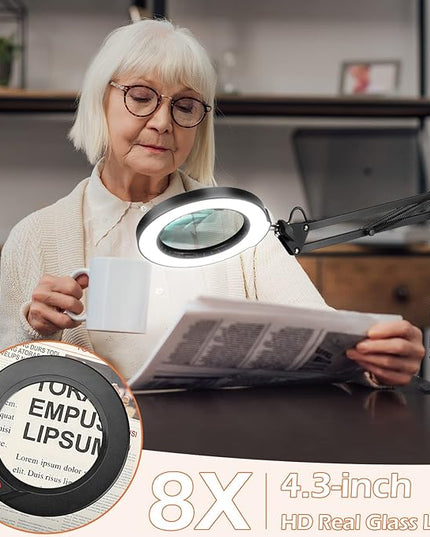 8X Magnifying Glass with Light and Stand, Krstlv LED 5 Color Modes, Stepless Dimmable Magnifying Floor Lamp, 3-in-1 Adjustable Swing Arm Lighted Magnifier Lamp with Clamp for Reading, Craft, Esthetic - LeafyLoom