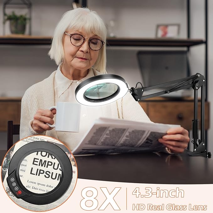 8X Magnifying Glass with Light and Stand, Krstlv LED 5 Color Modes, Stepless Dimmable Magnifying Floor Lamp, 3-in-1 Adjustable Swing Arm Lighted Magnifier Lamp with Clamp for Reading, Craft, Esthetic - LeafyLoom