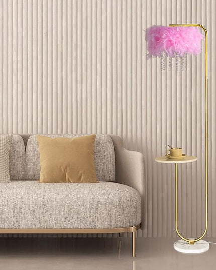 Unique Led Pink Feather Floor Lamp with Tray,Ostrich Feather Stand Lamp,Living Room Bedroom Office Shop Window Decoration Lamp,Foot Switch and Brass/Gold Finish Arc Floor Lamp - LeafyLoom