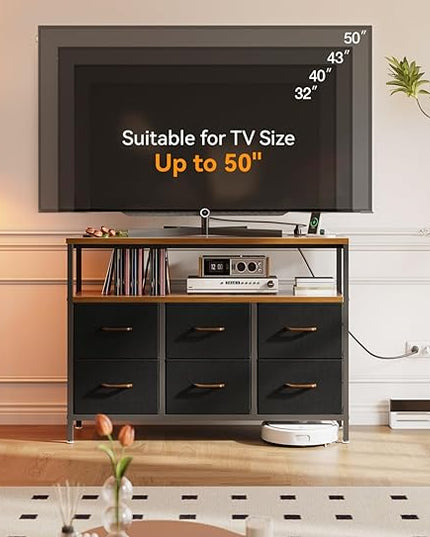AODK TV Stand with Power Outlet, 40" Long TV Stand with 6 Large Fabric Drawers, Entertainment Center with Open Shelves for 55 Inch TV, Living Room, Black and Vintage - LeafyLoom
