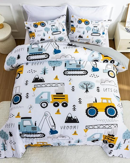 NTBED Construction Truck Full Comforter Set for Boys Kids Forest Vehicles Excavator Lightweight Microfiber Bedding Sets - LeafyLoom