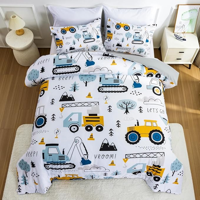 NTBED Construction Truck Full Comforter Set for Boys Kids Forest Vehicles Excavator Lightweight Microfiber Bedding Sets - LeafyLoom