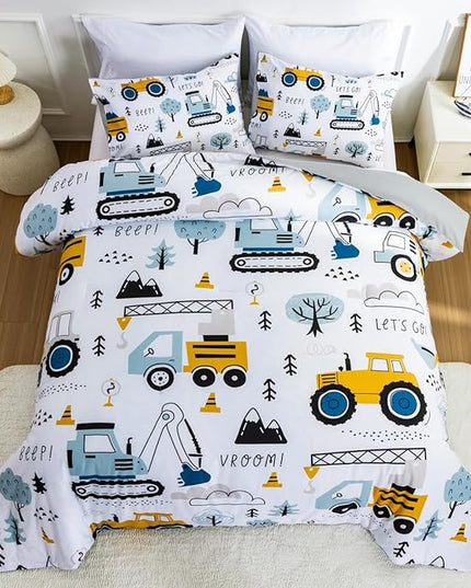 NTBED Construction Truck Twin Comforter Set for Boys Kids Forest Vehicles Excavator Tractor Lightweight Microfiber Cars Bedding Sets - LeafyLoom
