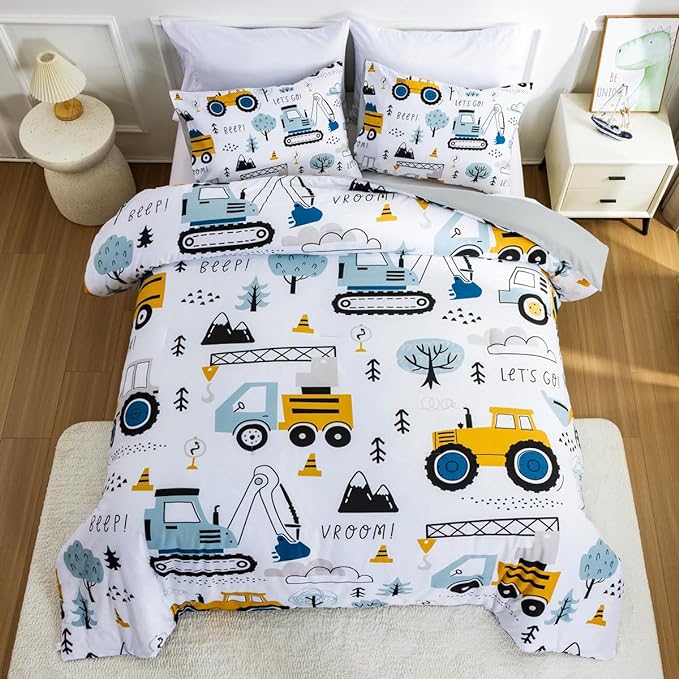 NTBED Construction Truck Twin Comforter Set for Boys Kids Forest Vehicles Excavator Tractor Lightweight Microfiber Cars Bedding Sets - LeafyLoom
