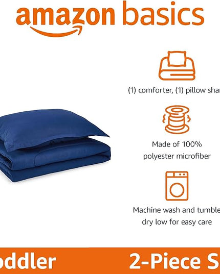 Amazon Basics 2 Piece Microfiber Kid's Comforter and Pillow Sham Set, Toddler, Navy, Solid - LeafyLoom
