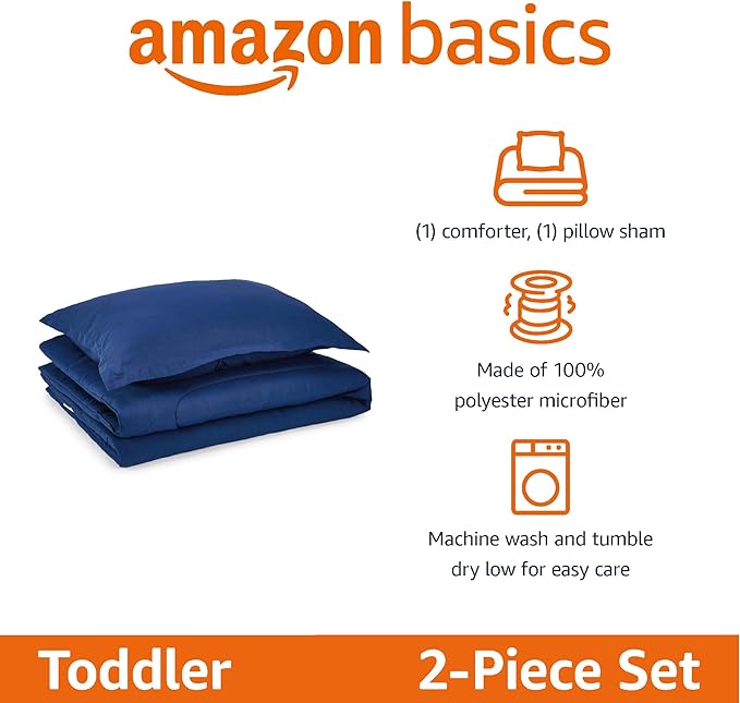 Amazon Basics 2 Piece Microfiber Kid's Comforter and Pillow Sham Set, Toddler, Navy, Solid - LeafyLoom