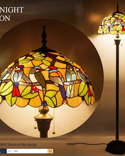 WERFACTORY Tiffany Floor Lamp Double Birds Amber Stained Glass Standing Reading Light 16X16X64 Inches Antique Pole Corner Lamp Decor Bedroom Living Room Home Office S805 Series - LeafyLoom