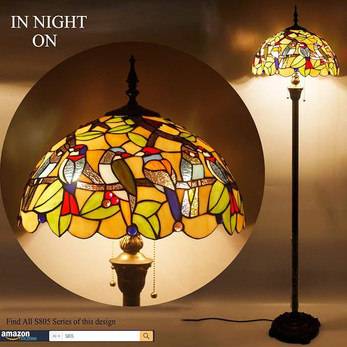 WERFACTORY Tiffany Floor Lamp Double Birds Amber Stained Glass Standing Reading Light 16X16X64 Inches Antique Pole Corner Lamp Decor Bedroom Living Room Home Office S805 Series - LeafyLoom