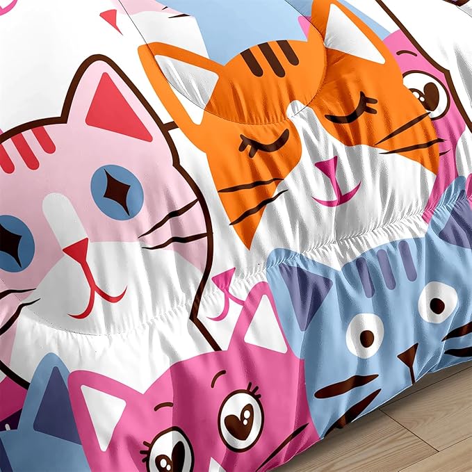 Cartoon Cat Bedding Set - 2Pcs Cute Cat Comforter Set for Bedroom Kids Boys Girls Cat Bedding Decor for All-Season Colorful Kitten Pattern Lovely Animal 1 Cat Comforter with 1 Pillowcase, Twin Size - LeafyLoom