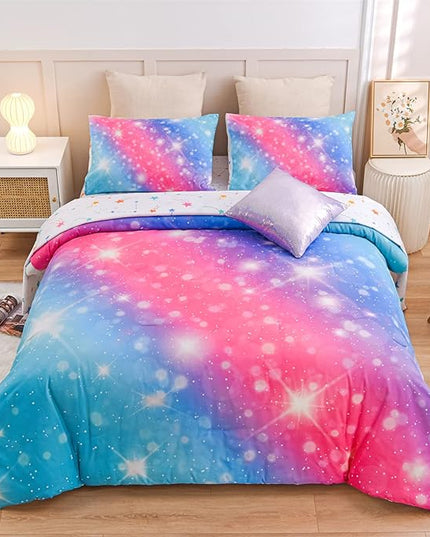 A Nice Night 6Pcs Gradient Glitter Bedding Set for Girls, Colorful Rainbow Galaxy Comforter Set, Ultra Soft Bedding Sets (Pink-Blue,Full 6Pcs) - LeafyLoom