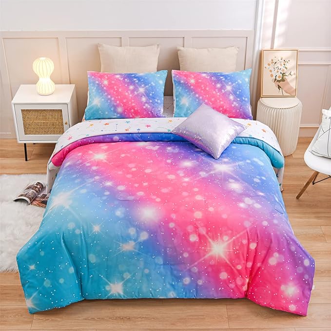 A Nice Night 6Pcs Gradient Glitter Bedding Set for Girls, Colorful Rainbow Galaxy Comforter Set, Ultra Soft Bedding Sets (Pink-Blue,Full 6Pcs) - LeafyLoom