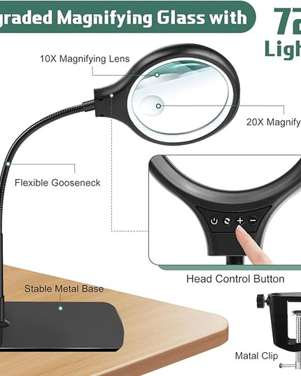 NZQXJXZ Large 2-in-1 Magnifying Glass with 72 LEDs Light and Stand 20X 10X Magnifying Lamp with Large Base and Clamp, 3 Color Modes and 10 Stepless Dimmable, Hands Free Desk Magnifier for Close Work - LeafyLoom
