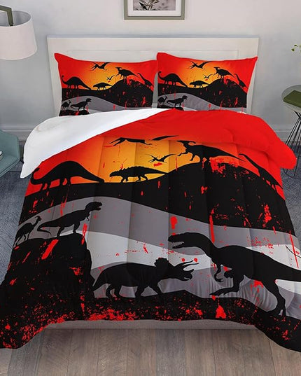 Cartoon Dinosaur Comforter Set Twin 3Pc Kawaii Dinosaur Bedding Set All Season with Tree, Leaf Decoration includes 1 Comforter, 2 Pillowcases for Kids Girls Teens - LeafyLoom