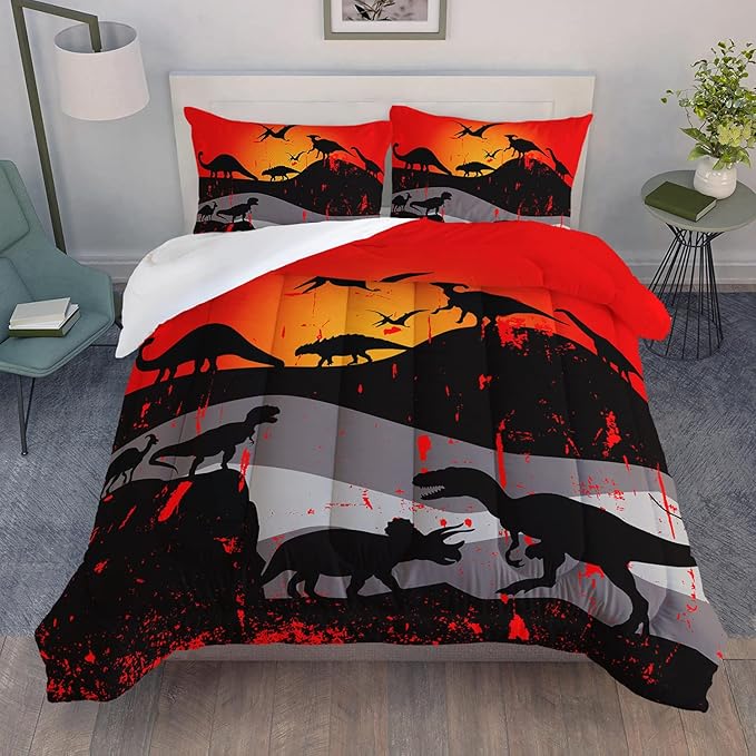 Cartoon Dinosaur Comforter Set Twin 3Pc Kawaii Dinosaur Bedding Set All Season with Tree, Leaf Decoration includes 1 Comforter, 2 Pillowcases for Kids Girls Teens - LeafyLoom