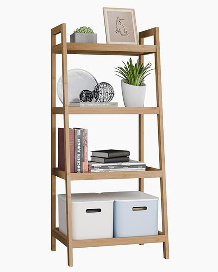 SMIBUY Bamboo Ladder Bookcase, Bathroom Storage Rack Organizer, 4 Tier Freestanding Plant Display Stand Space Saver Shelves for Bedroom, Kitchen, Balcony (Natural) - LeafyLoom