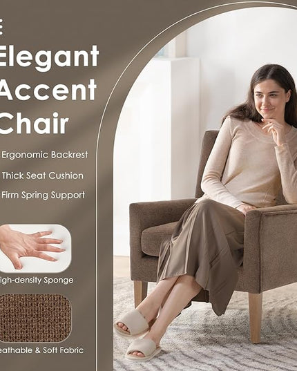 COLAMY Modern Wingback Living Room Chair, Upholstered Fabric Accent Armchair, Single Sofa chair with Lounge Seat and Wood Legs for Bedroom/Office/Reading Spaces, Brown - LeafyLoom