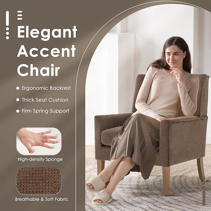COLAMY Modern Wingback Living Room Chair, Upholstered Fabric Accent Armchair, Single Sofa chair with Lounge Seat and Wood Legs for Bedroom/Office/Reading Spaces, Brown - LeafyLoom