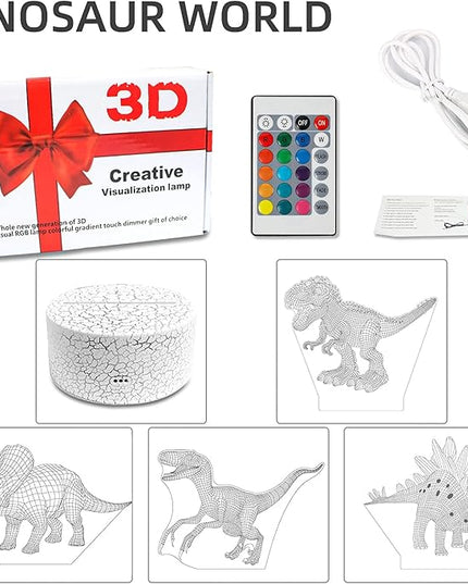 Dinosaur Toys 3D Dinosaur Night Light, 4 Pieces 3D Dinosaur Lamp Toy with 16 Color Changes and Remote Control, Dinosaur Toy Gifts for Kids Boys Girls from 3 4 5 6+ Years - LeafyLoom