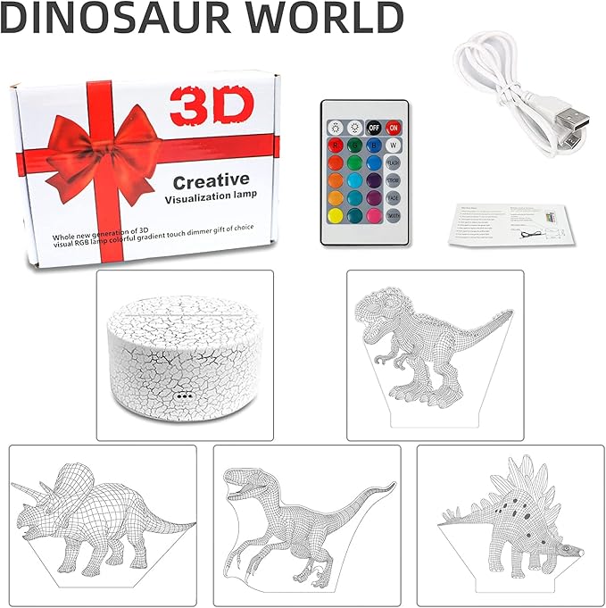 Dinosaur Toys 3D Dinosaur Night Light, 4 Pieces 3D Dinosaur Lamp Toy with 16 Color Changes and Remote Control, Dinosaur Toy Gifts for Kids Boys Girls from 3 4 5 6+ Years - LeafyLoom