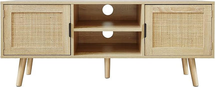 Anmytek Farmhouse Rattan TV Stand Modern Wood Media Entertainment Center Console Table for TVs up to 55 Inches with 2 Doors and 2 Open Shelves, Natural Oak, H0015 - LeafyLoom