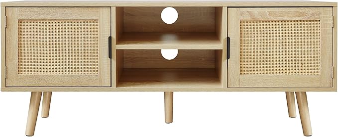 Anmytek Farmhouse Rattan TV Stand Modern Wood Media Entertainment Center Console Table for TVs up to 55 Inches with 2 Doors and 2 Open Shelves, Natural Oak, H0015 - LeafyLoom
