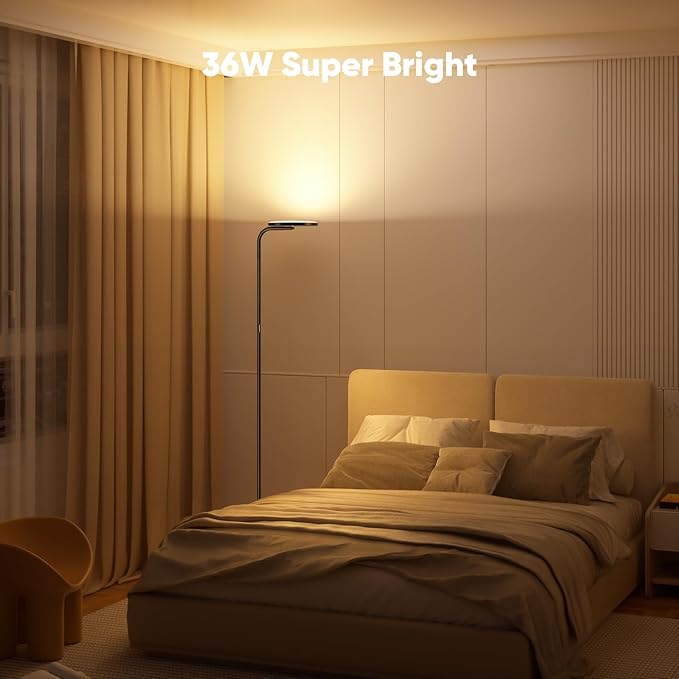 36W LED Floor Lamp, Super Bright Standing Lamp, Modern Stepless Dimmable Torchiere Tall Lamp with Remote Control, 350°Rotating Head Reading Floor Lamp for Living Room, Bedroom, Office - LeafyLoom