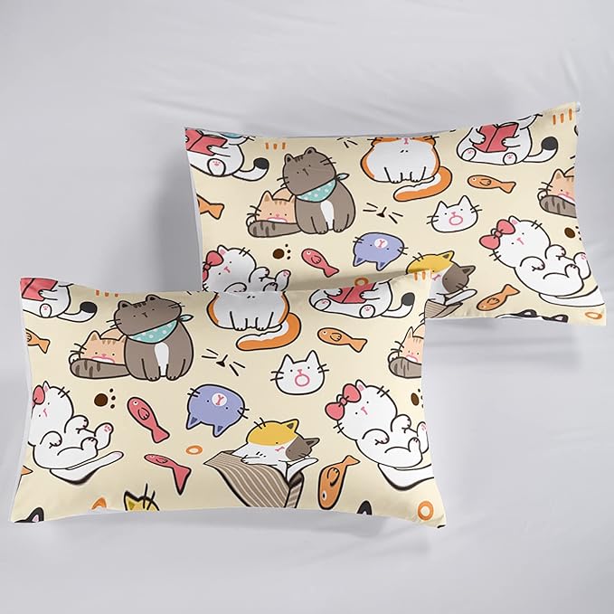 Kawaii Cat Comforter Queen,Kawaii Animals Comforter Set for Kids Teens Girls,3Pcs Bedding Set Printed Comforter with 2 Pillowcases,Down Alternative,Soft and Lightweight，Queen Size - LeafyLoom