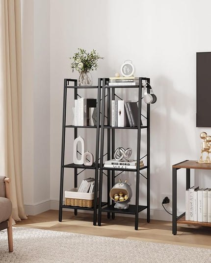Ladder Shelf, Bookshelf Bookcase, Freestanding Corner Storage Shelve with 2 Hooks for Home Office, Living Room, Kitchen, Bedroom, Industrial, 4-Tier Black BC13204B - LeafyLoom