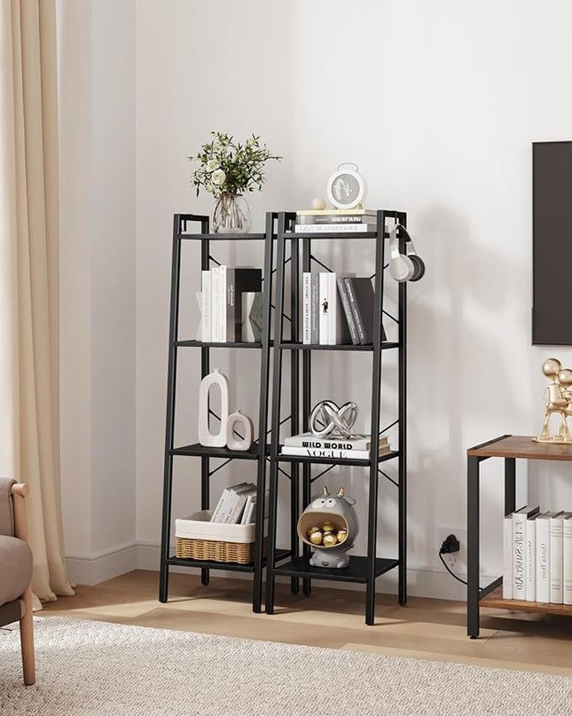 Ladder Shelf, Bookshelf Bookcase, Freestanding Corner Storage Shelve with 2 Hooks for Home Office, Living Room, Kitchen, Bedroom, Industrial, 4-Tier Black BC13204B - LeafyLoom