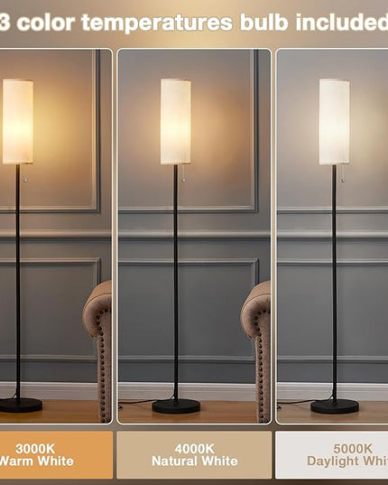 Ambimall 64'' Floor Lamp for Living Room with Bulb - Tall Lamps with Beige Lampshade & Pull Chain Switch, Pole Lamps for Bedrooms Tall, Minimalist Floor Lamp - LeafyLoom