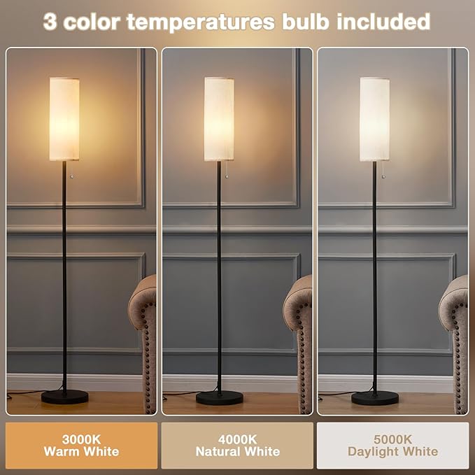Ambimall 64'' Floor Lamp for Living Room with Bulb - Tall Lamps with Beige Lampshade & Pull Chain Switch, Pole Lamps for Bedrooms Tall, Minimalist Floor Lamp - LeafyLoom
