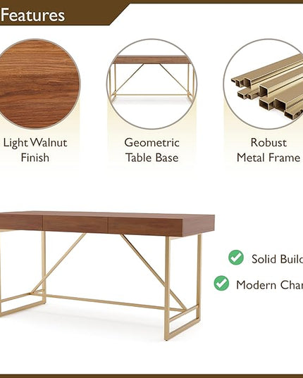 Lizon Modern 60 Inch Wood Desk with Drawers, Office Table with Storage, Vanity Without Mirror for Bedroom, Study Room, Dorm, 60-inch, Light Walnut Brown and Gold - LeafyLoom