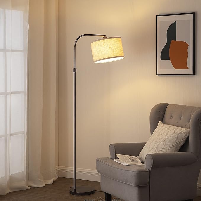 EDISHINE Arched Floor Lamps for Living Room, Standing Tall Arc Lamp with Adjustable Linen Shade, Minimalist Reading Light for Corner, Over Couch Arched Lamp for Bedroom, Office, Kids Room, Bronze - LeafyLoom