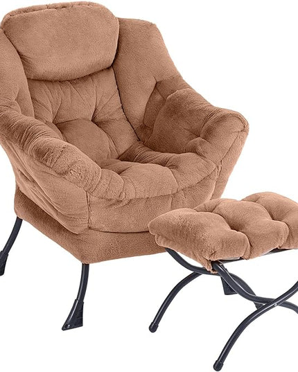Oversized Chair with Ottoman, Removable Modern Chair with Folding Footrest, Comfortable Reading Chair for Bedroom, Study, Living Room, Courtyard (Plush Brown) - LeafyLoom