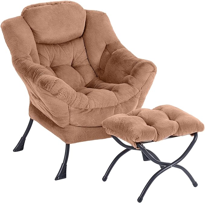 Oversized Chair with Ottoman, Removable Modern Chair with Folding Footrest, Comfortable Reading Chair for Bedroom, Study, Living Room, Courtyard (Plush Brown) - LeafyLoom