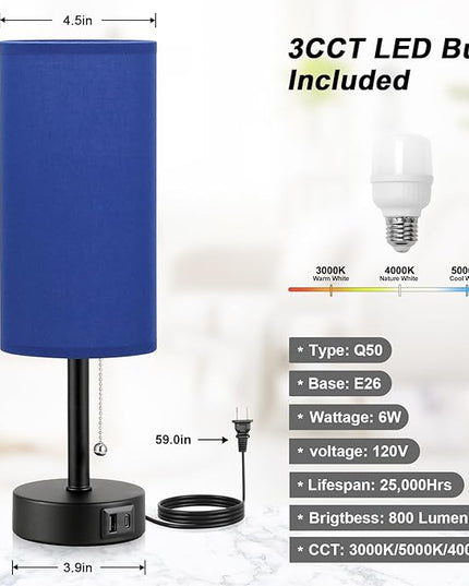 Blue Table Bedside Lamp for Bedroom Nightstand - Small Lamp with USB A + C Charging Port, 3 Color Temperatures Pull Chain Night Stand Light with Bulb, Side Table Desk Reading Lamp for Living Room - LeafyLoom