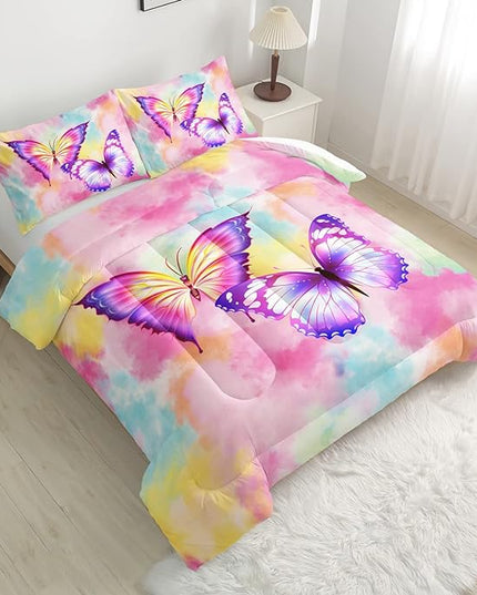 CVHOUSE Butterfly Bedding Set,Butterfly Comforter Queen,Butterfly Comforter Set for Girls Kids Teens,Butterflies Quilt Set with 1 Comforter and 2 Pillow Cases - LeafyLoom