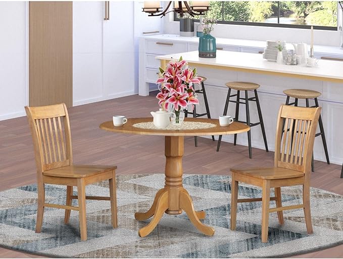East West Furniture Dublin 3 Piece Modern Set Contains a Round Wooden Table with Dropleaf and 2 Dining Chairs, 42x42 Inch, DLNO3-OAK-W - LeafyLoom